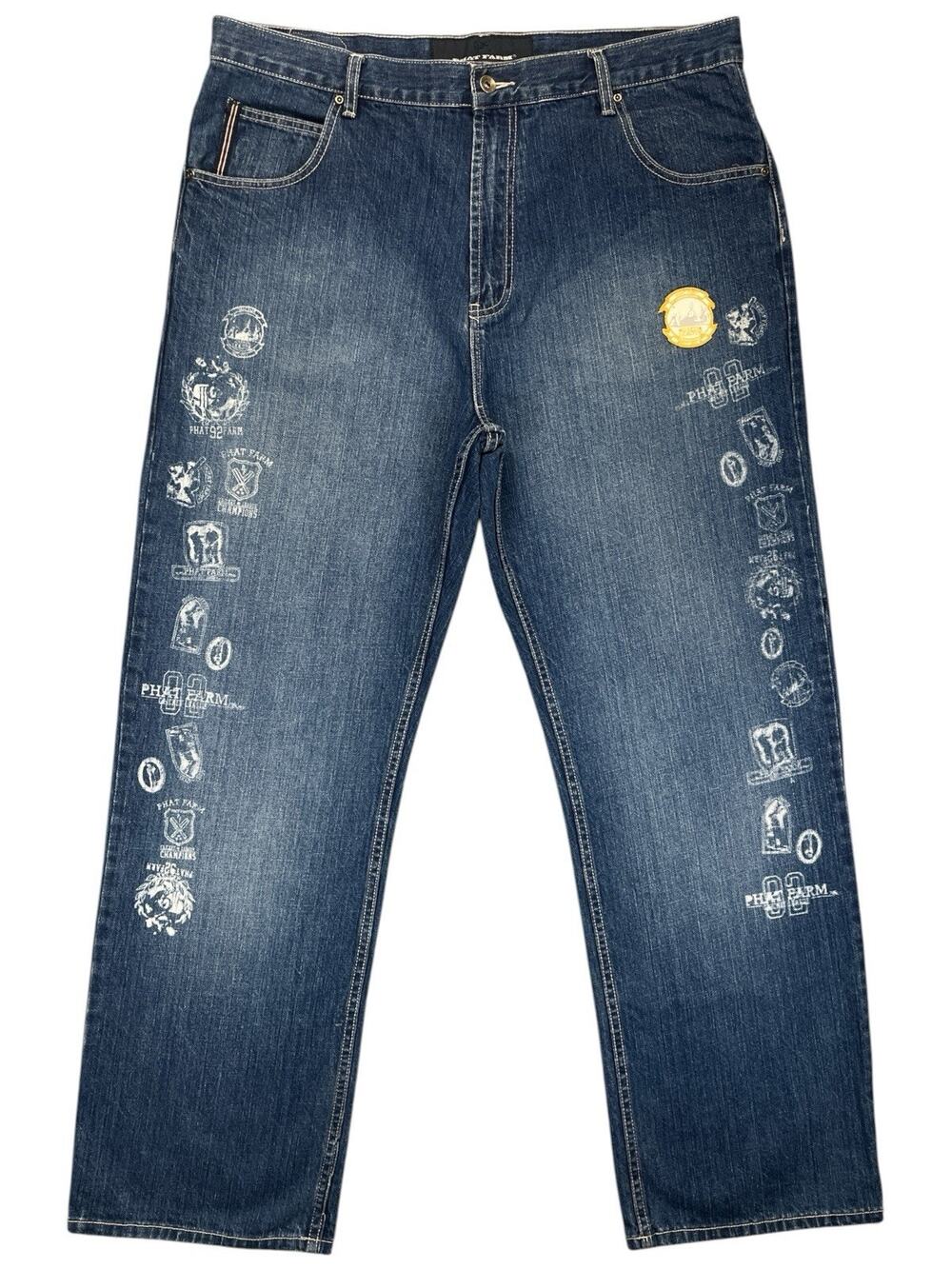 Vintage Phat Farm Baggy Jeans Mens Size 38 Wide Leg Denim Y2K Hip Hop Patches